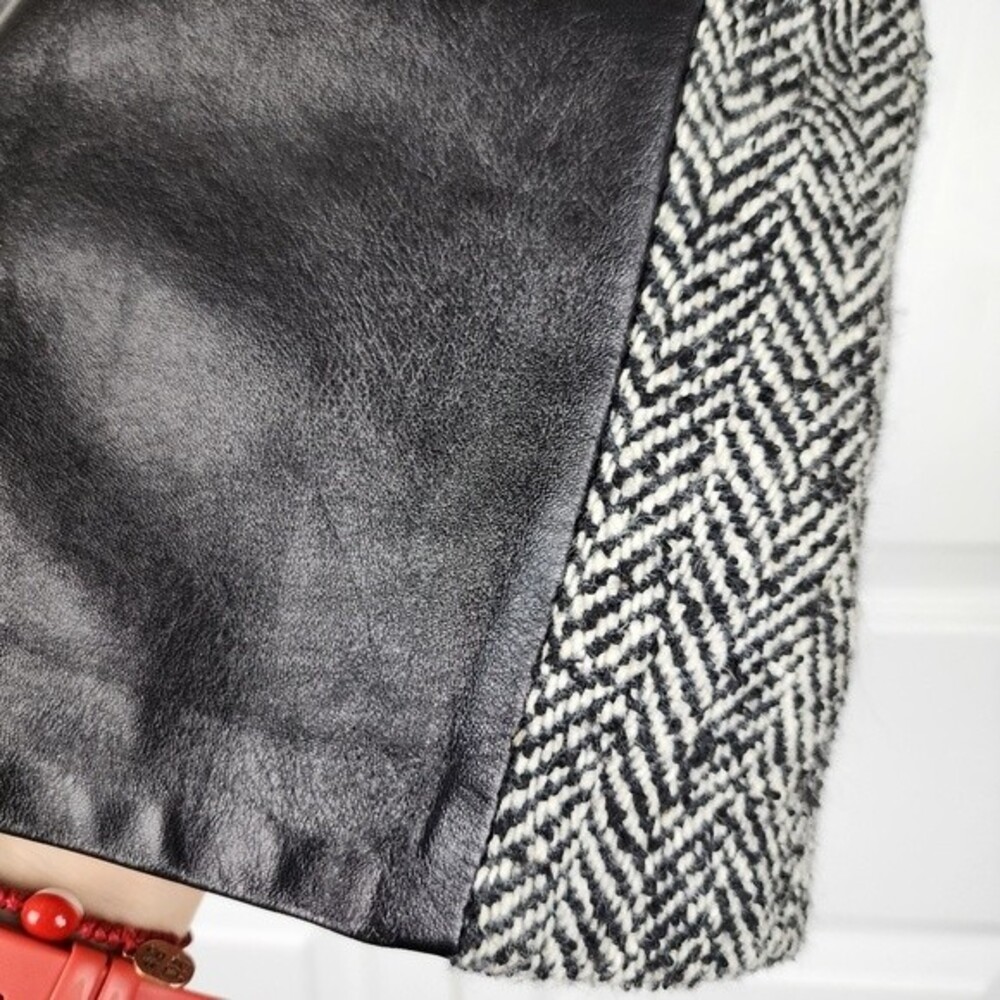 Vintage Laundry Shelli Segal Leather Wool Skirt 6 Herringbone Mixed Media 90s - Picture 7 of 15